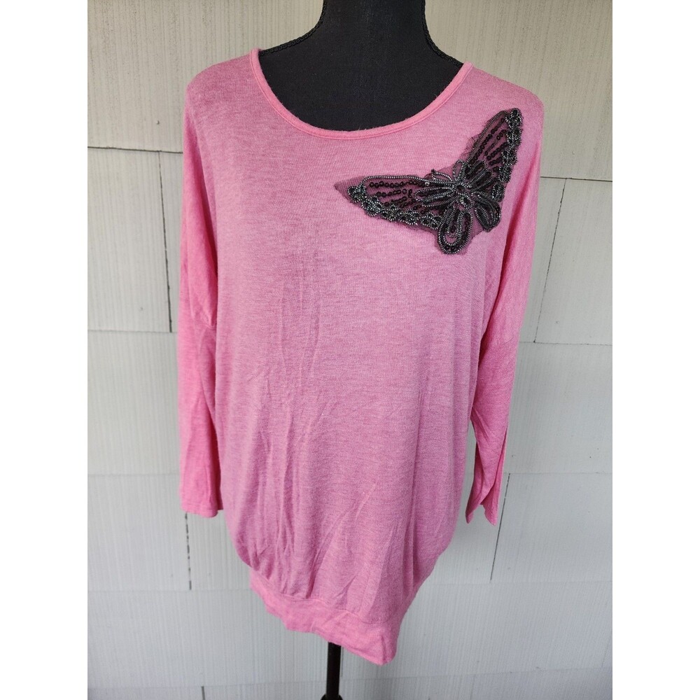 Anima Pink Longsleeve Butterfly Blouse Women's Size Medium M Relaxed